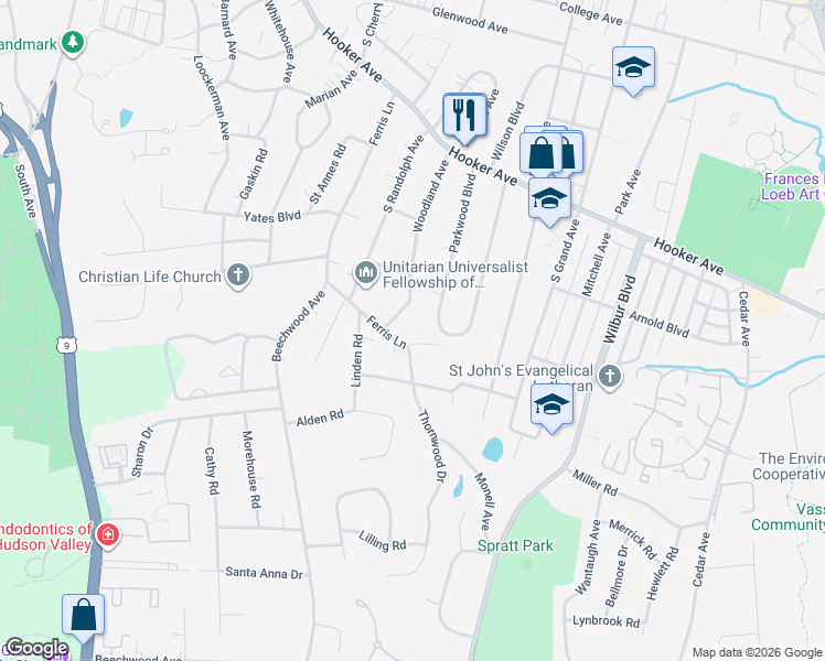 map of restaurants, bars, coffee shops, grocery stores, and more near 1 Thornwood Drive in Poughkeepsie