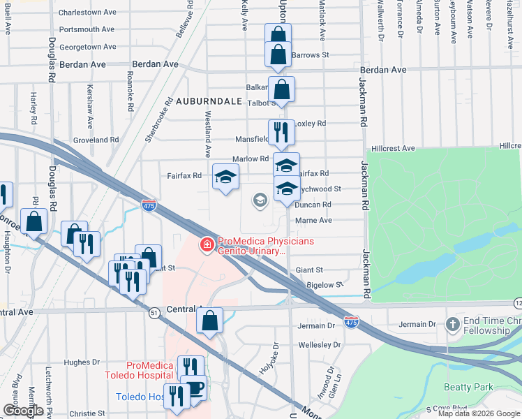 map of restaurants, bars, coffee shops, grocery stores, and more near 3301 Upton Avenue in Toledo