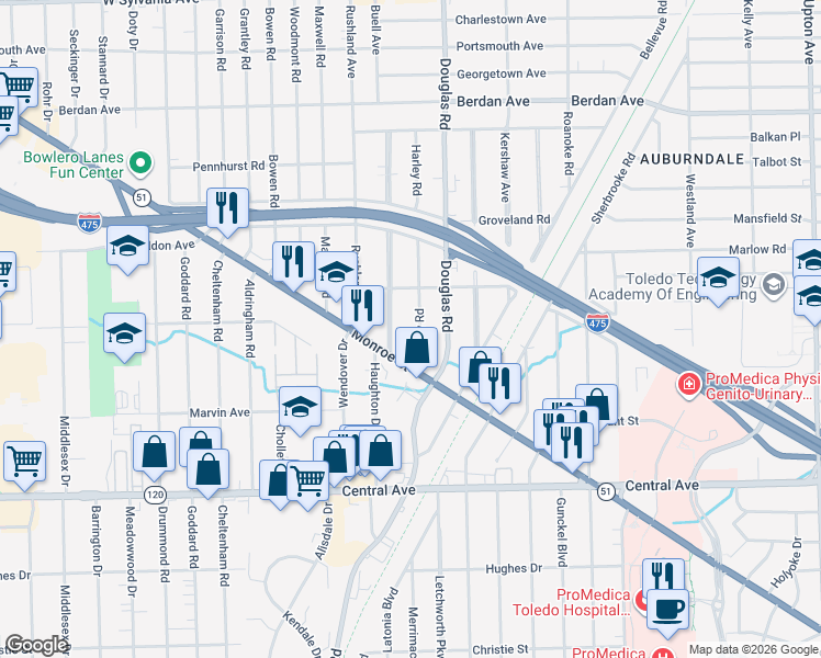 map of restaurants, bars, coffee shops, grocery stores, and more near 3346 Wyckliffe Parkway in Toledo
