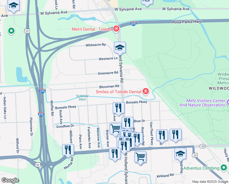 map of restaurants, bars, coffee shops, grocery stores, and more near 5937 Blossman Road in Toledo