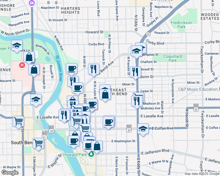 map of restaurants, bars, coffee shops, grocery stores, and more near 837 Cedar Street in South Bend