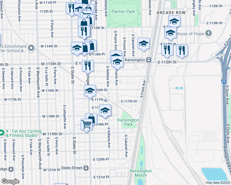 map of restaurants, bars, coffee shops, grocery stores, and more near 11619 South Prairie Avenue in Chicago