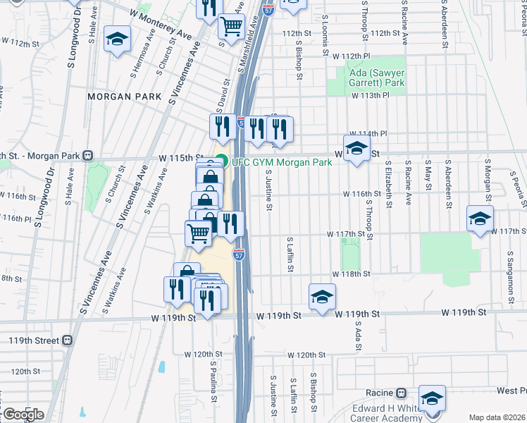 map of restaurants, bars, coffee shops, grocery stores, and more near 11635 South Justine Street in Chicago