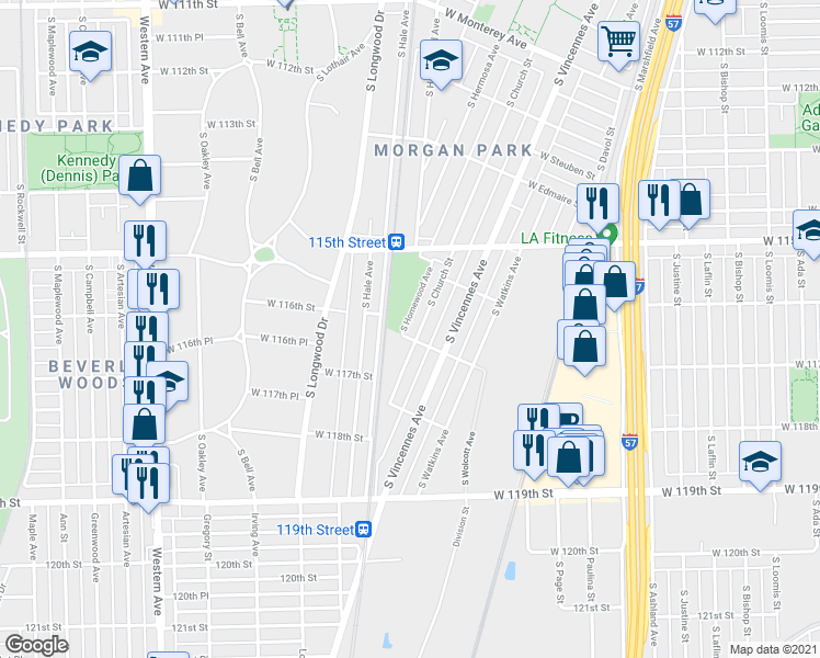 map of restaurants, bars, coffee shops, grocery stores, and more near 1958 West 117th Street in Chicago