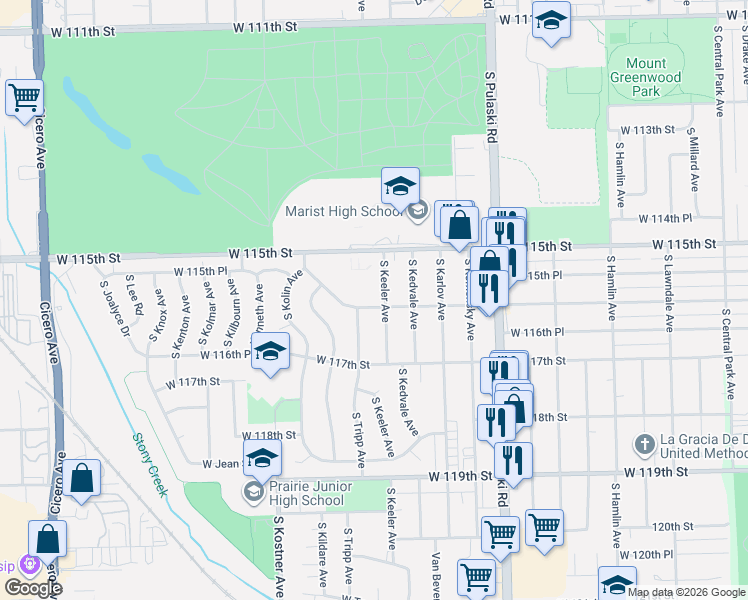 map of restaurants, bars, coffee shops, grocery stores, and more near 11601 South Tripp Avenue in Chicago