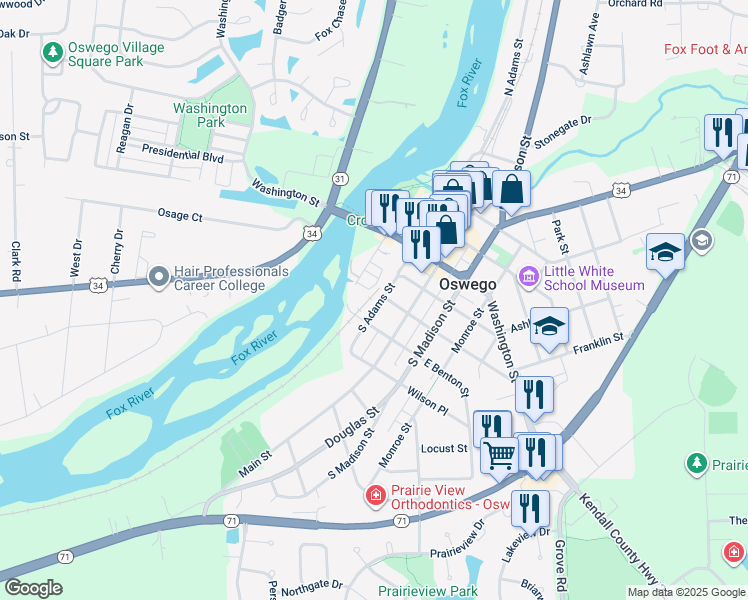 map of restaurants, bars, coffee shops, grocery stores, and more near 217 South Adams Street in Oswego