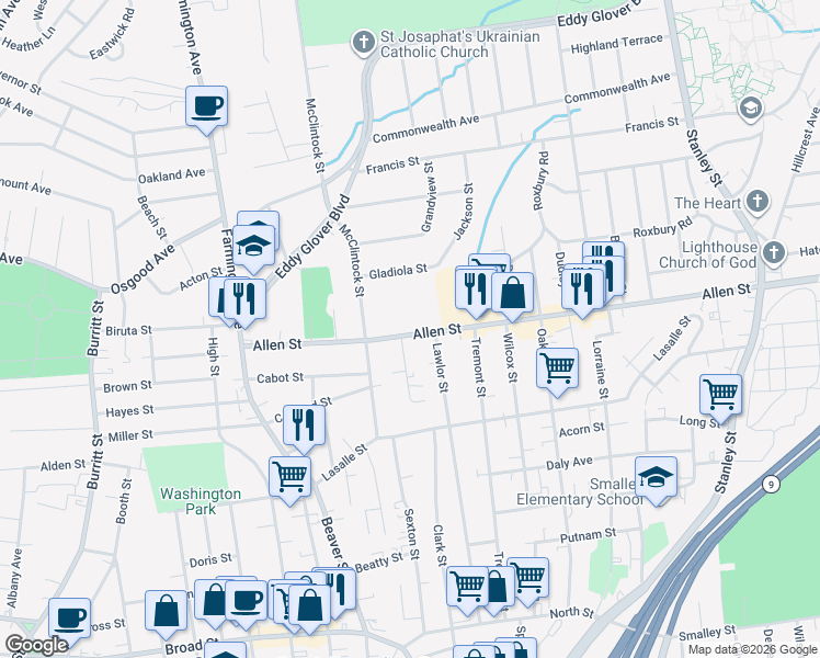 map of restaurants, bars, coffee shops, grocery stores, and more near 172 Allen Street in New Britain