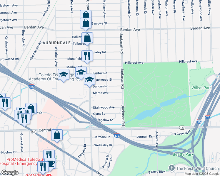 map of restaurants, bars, coffee shops, grocery stores, and more near 1740 Marne Avenue in Toledo