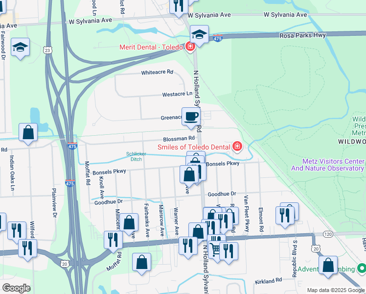 map of restaurants, bars, coffee shops, grocery stores, and more near 5937 Blossman Road in Toledo
