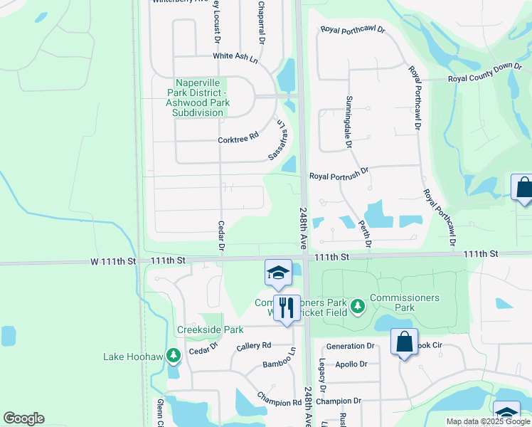 map of restaurants, bars, coffee shops, grocery stores, and more near 4268 Lacebark Lane in Naperville
