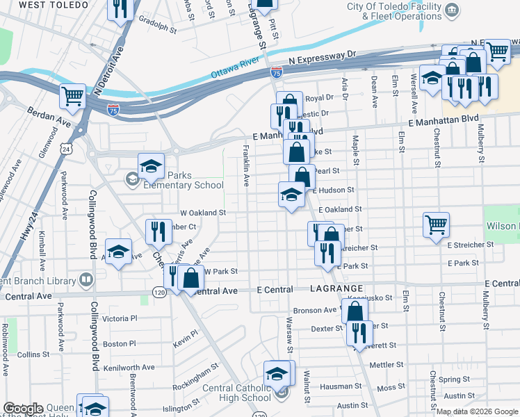 map of restaurants, bars, coffee shops, grocery stores, and more near 3248 Franklin Avenue in Toledo