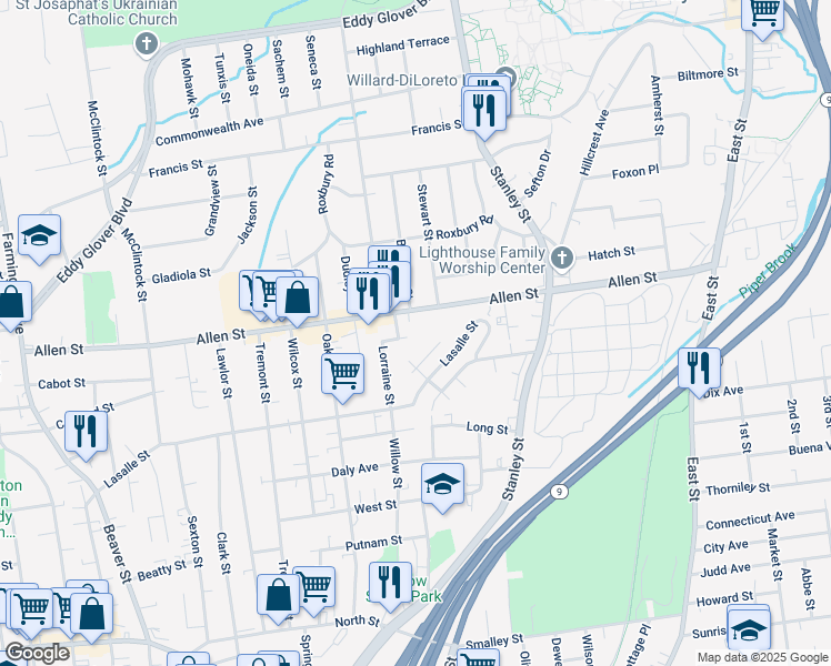map of restaurants, bars, coffee shops, grocery stores, and more near 415 Allen Street in New Britain