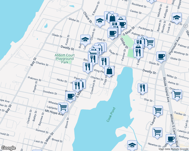 map of restaurants, bars, coffee shops, grocery stores, and more near 852 Charles Street in Fall River