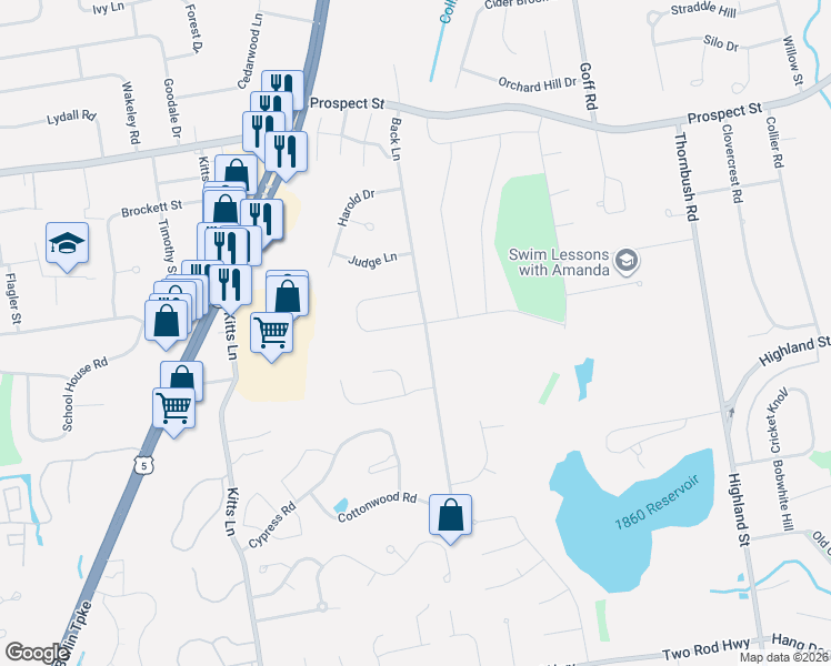map of restaurants, bars, coffee shops, grocery stores, and more near 189 Back Lane in Newington