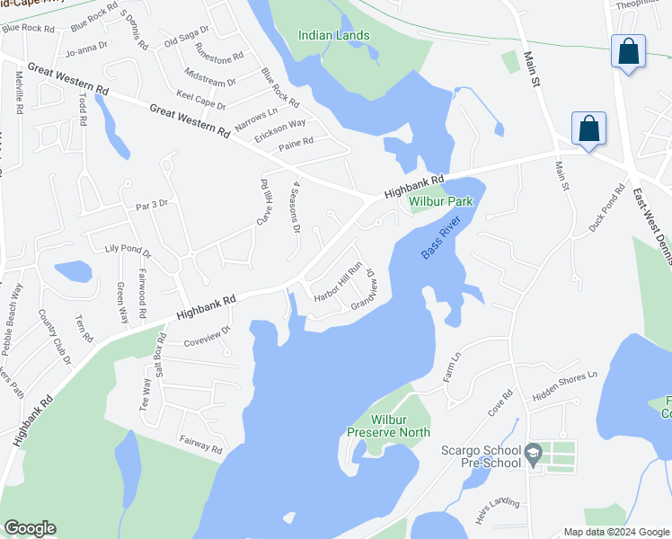 map of restaurants, bars, coffee shops, grocery stores, and more near 21 Leeward Run in Yarmouth