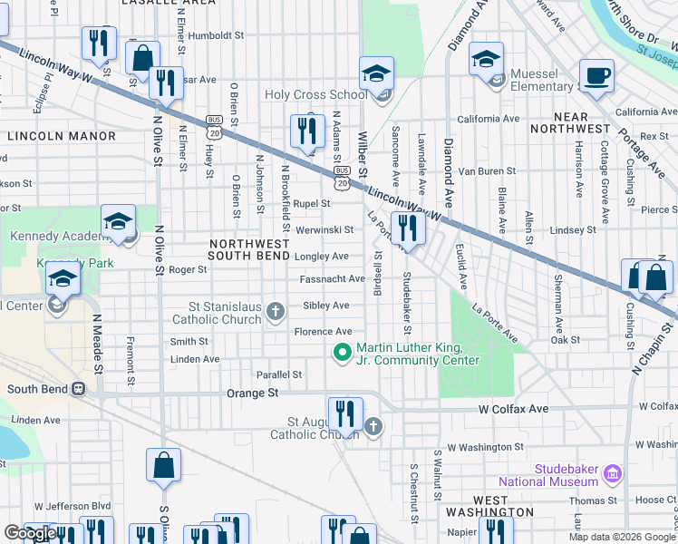map of restaurants, bars, coffee shops, grocery stores, and more near 1630 Fassnacht Avenue in South Bend