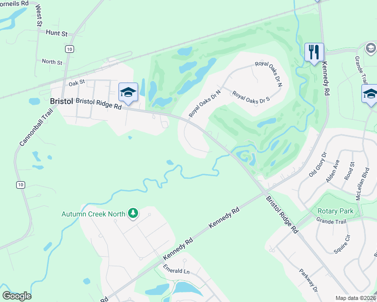 map of restaurants, bars, coffee shops, grocery stores, and more near 33 Royal Oaks Drive North in Bristol