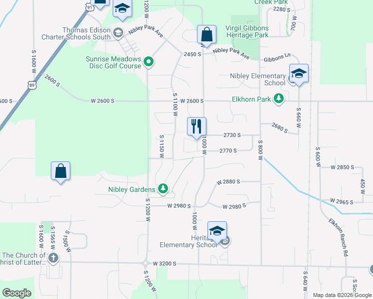 map of restaurants, bars, coffee shops, grocery stores, and more near 2770 South 1070 West Sunset Park in Nibley