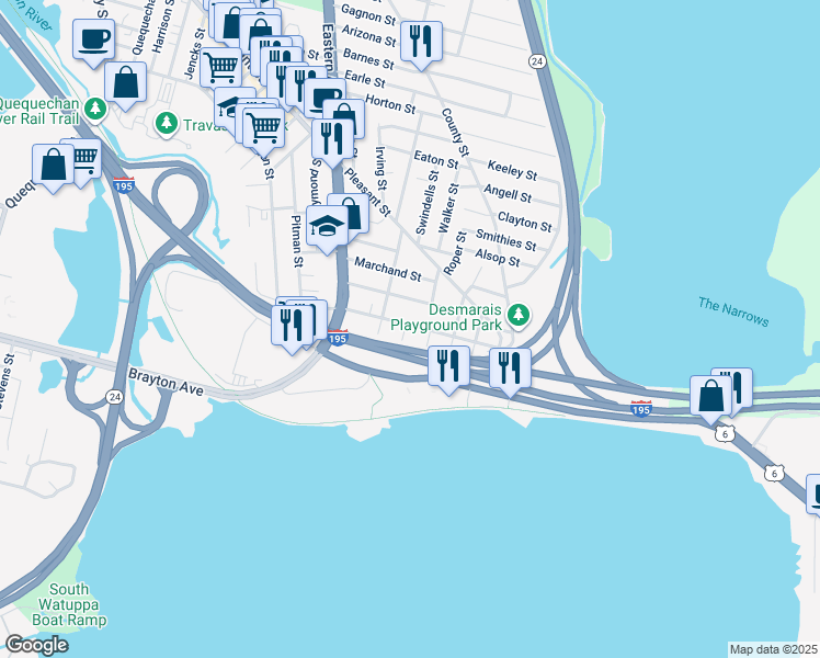 map of restaurants, bars, coffee shops, grocery stores, and more near 163 McGowan Street in Fall River