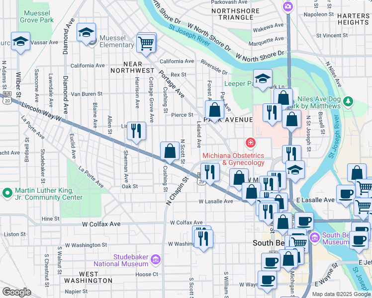 map of restaurants, bars, coffee shops, grocery stores, and more near 509 Leland Avenue in South Bend