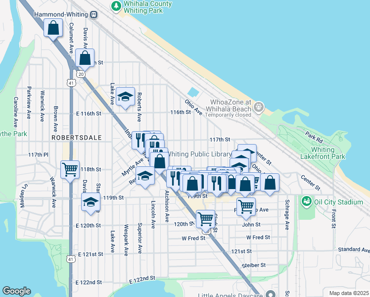 map of restaurants, bars, coffee shops, grocery stores, and more near 1722 Central Avenue in Whiting