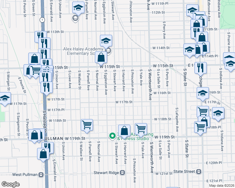 map of restaurants, bars, coffee shops, grocery stores, and more near 11644 South Harvard Avenue in Chicago
