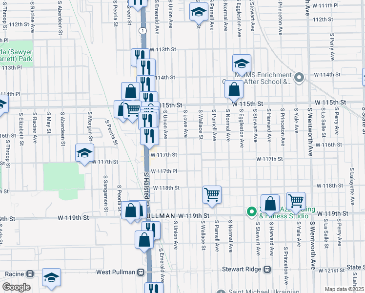 map of restaurants, bars, coffee shops, grocery stores, and more near 11670 South Lowe Avenue in Chicago