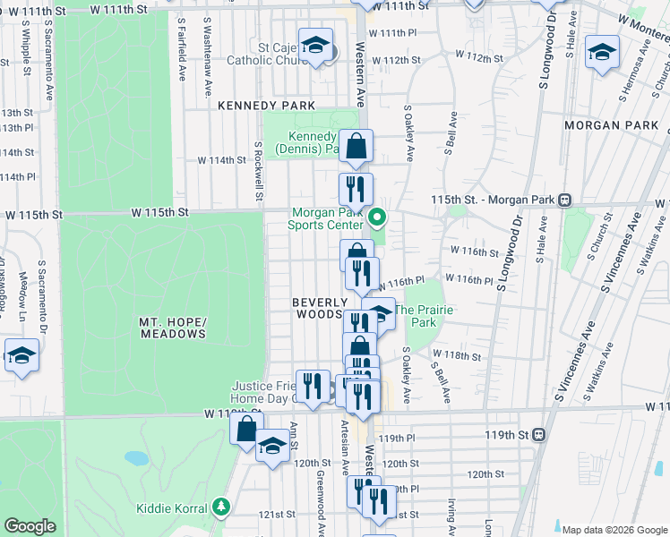 map of restaurants, bars, coffee shops, grocery stores, and more near 11622 South Artesian Avenue in Chicago