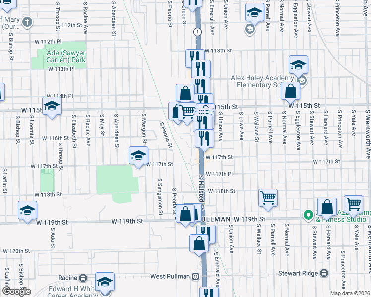 map of restaurants, bars, coffee shops, grocery stores, and more near 830 West 117th Place in Chicago