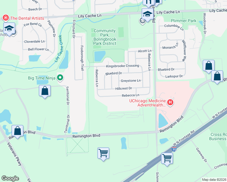 map of restaurants, bars, coffee shops, grocery stores, and more near 723 Rebecca Lane in Bolingbrook