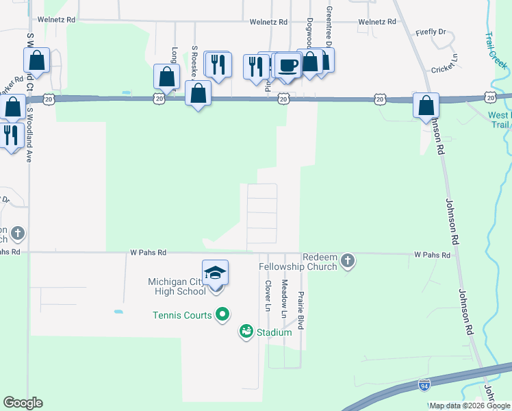 map of restaurants, bars, coffee shops, grocery stores, and more near 1200 Mallard Drive in Michigan City