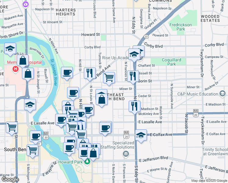 map of restaurants, bars, coffee shops, grocery stores, and more near 516 North Notre Dame Avenue in South Bend