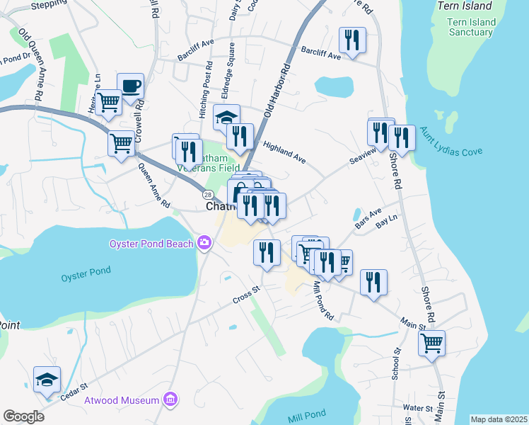 map of restaurants, bars, coffee shops, grocery stores, and more near 606 Main Street in Chatham