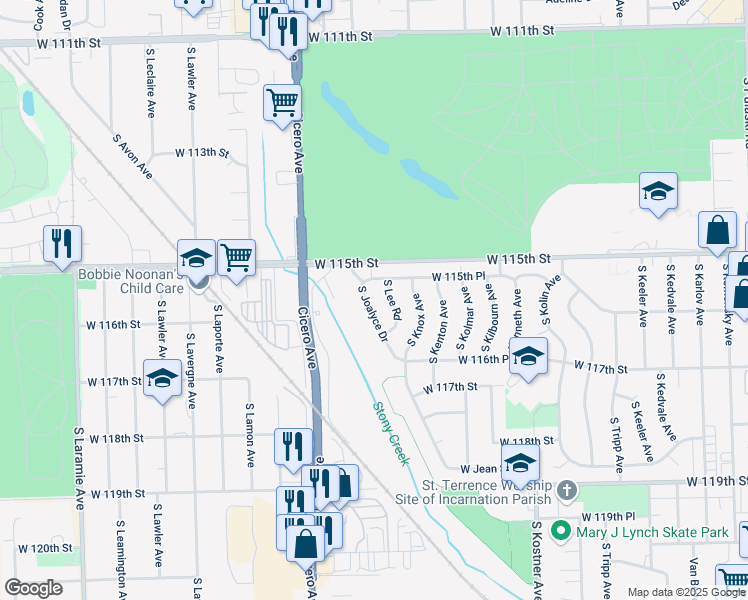 map of restaurants, bars, coffee shops, grocery stores, and more near 11556 South Joalyce Drive in Alsip