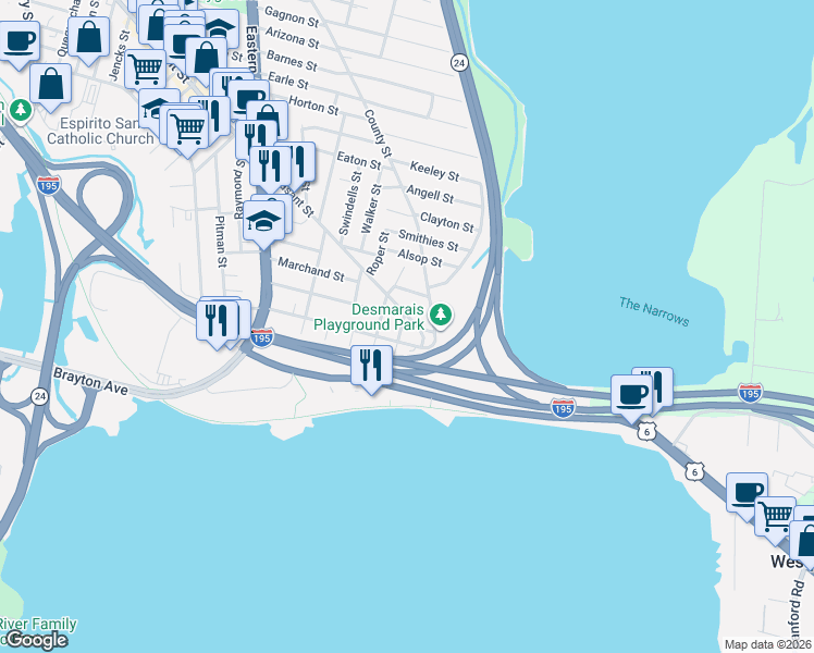 map of restaurants, bars, coffee shops, grocery stores, and more near 2211 Pleasant Street in Fall River