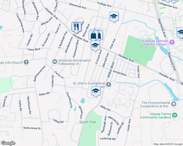 map of restaurants, bars, coffee shops, grocery stores, and more near 214 South Grand Avenue in Poughkeepsie
