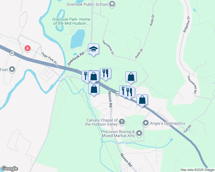 map of restaurants, bars, coffee shops, grocery stores, and more near 421 Manchester Road in Poughkeepsie
