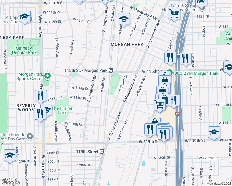 map of restaurants, bars, coffee shops, grocery stores, and more near 1958 West 117th Street in Chicago