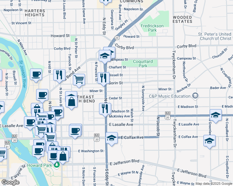 map of restaurants, bars, coffee shops, grocery stores, and more near 1142 Miner Street in South Bend