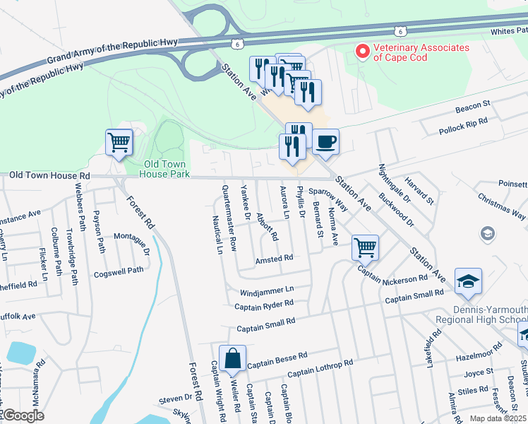 map of restaurants, bars, coffee shops, grocery stores, and more near 42 Abbott Road in Yarmouth