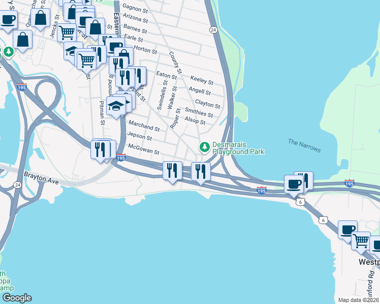 map of restaurants, bars, coffee shops, grocery stores, and more near 2239 Pleasant Street in Fall River