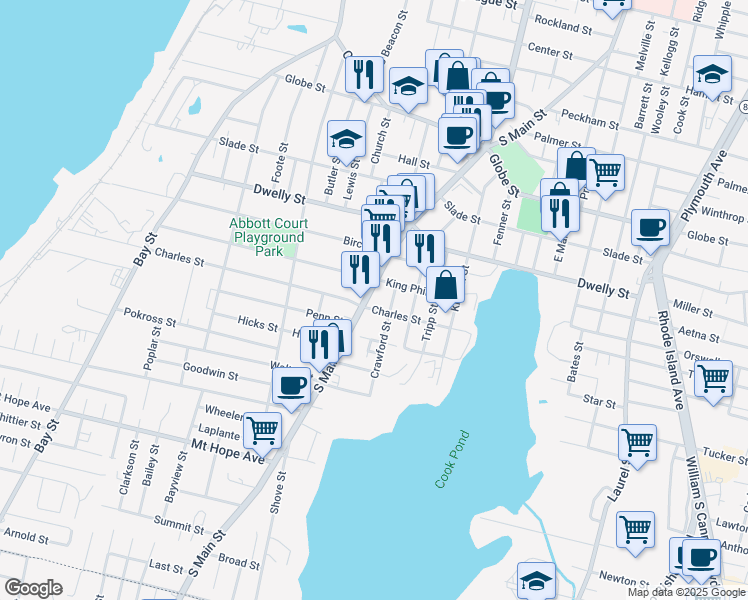 map of restaurants, bars, coffee shops, grocery stores, and more near 1902 South Main Street in Fall River