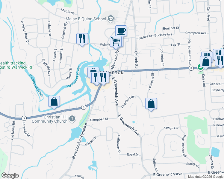 map of restaurants, bars, coffee shops, grocery stores, and more near 37 East Greenwich Avenue in West Warwick