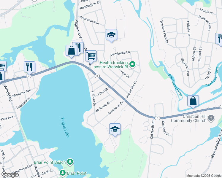 map of restaurants, bars, coffee shops, grocery stores, and more near 1 Scenic Ridge Court in Coventry