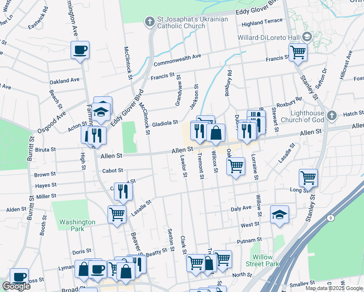 map of restaurants, bars, coffee shops, grocery stores, and more near 287 Lawlor Street in New Britain