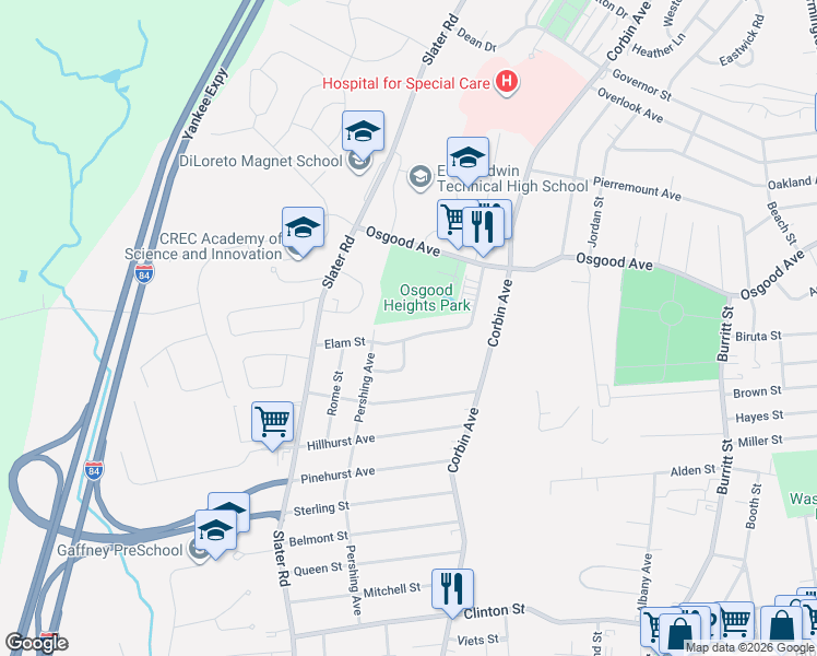map of restaurants, bars, coffee shops, grocery stores, and more near 122 Elam Street in New Britain