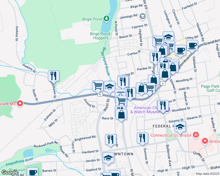 map of restaurants, bars, coffee shops, grocery stores, and more near 6 Terryville Avenue in Bristol