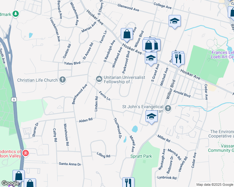 map of restaurants, bars, coffee shops, grocery stores, and more near 1 Thornwood Drive in Poughkeepsie