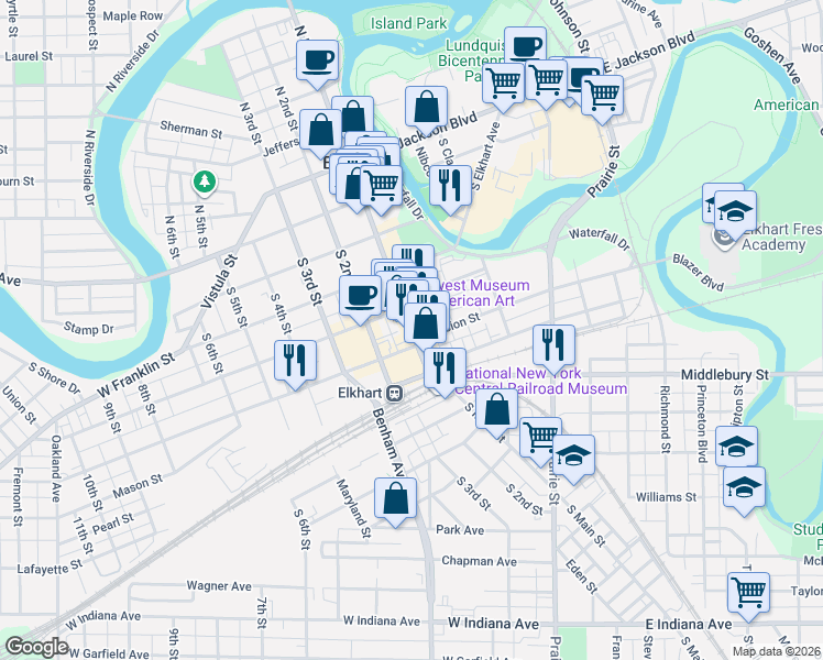 map of restaurants, bars, coffee shops, grocery stores, and more near in Elkhart