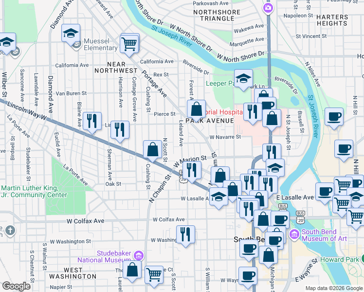map of restaurants, bars, coffee shops, grocery stores, and more near 509 Leland Avenue in South Bend